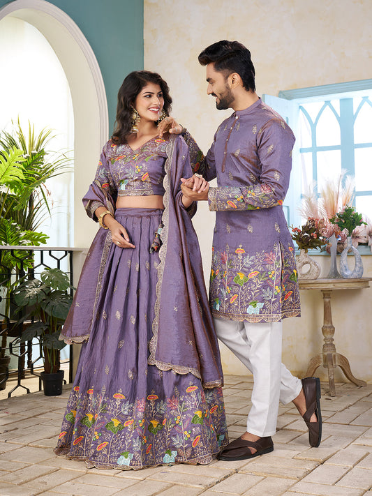 Rajvilaas Embroidered Lehenga Choli & Matching Men's Kurta Set Combo