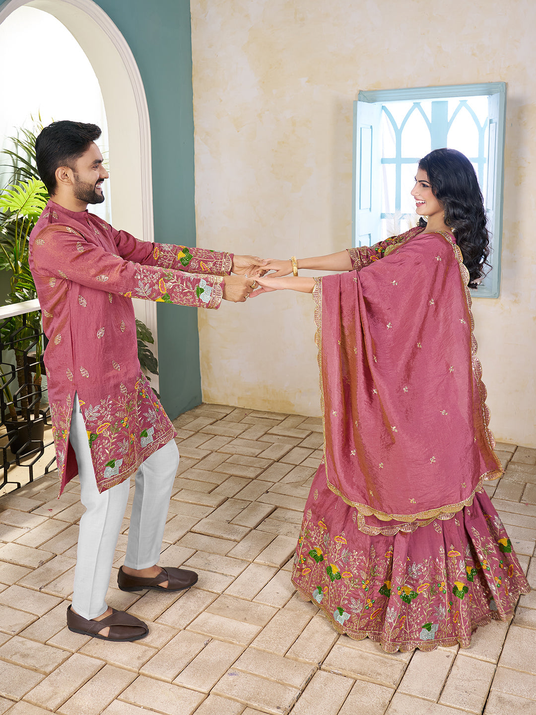 Gulbahaar Embroidered Lehenga Choli & Matching Men's Kurta Set Combo