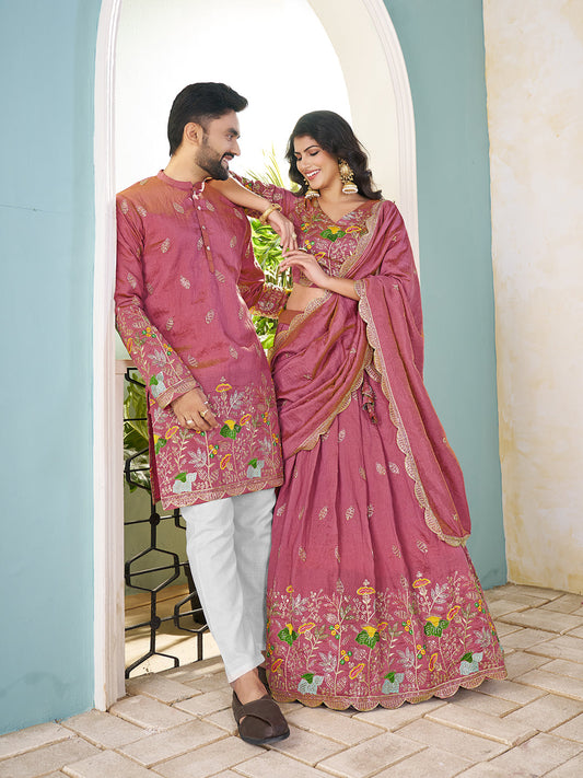 Gulbahaar Embroidered Lehenga Choli & Matching Men's Kurta Set Combo