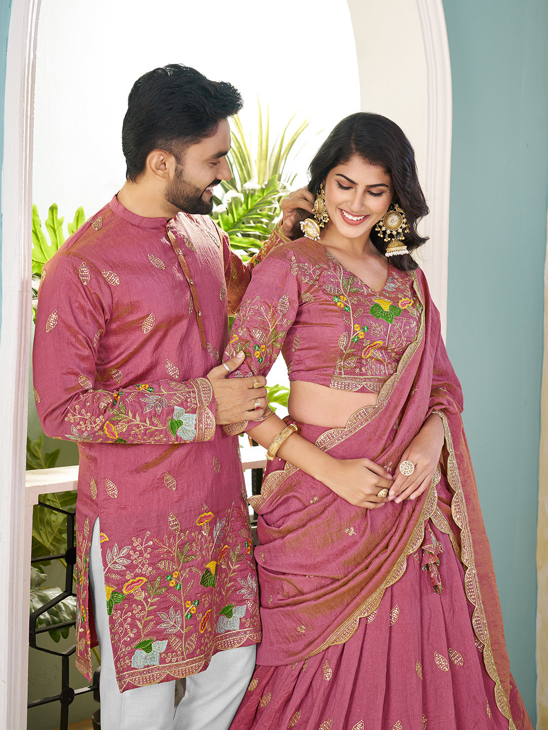 Gulbahaar Embroidered Lehenga Choli & Matching Men's Kurta Set Combo