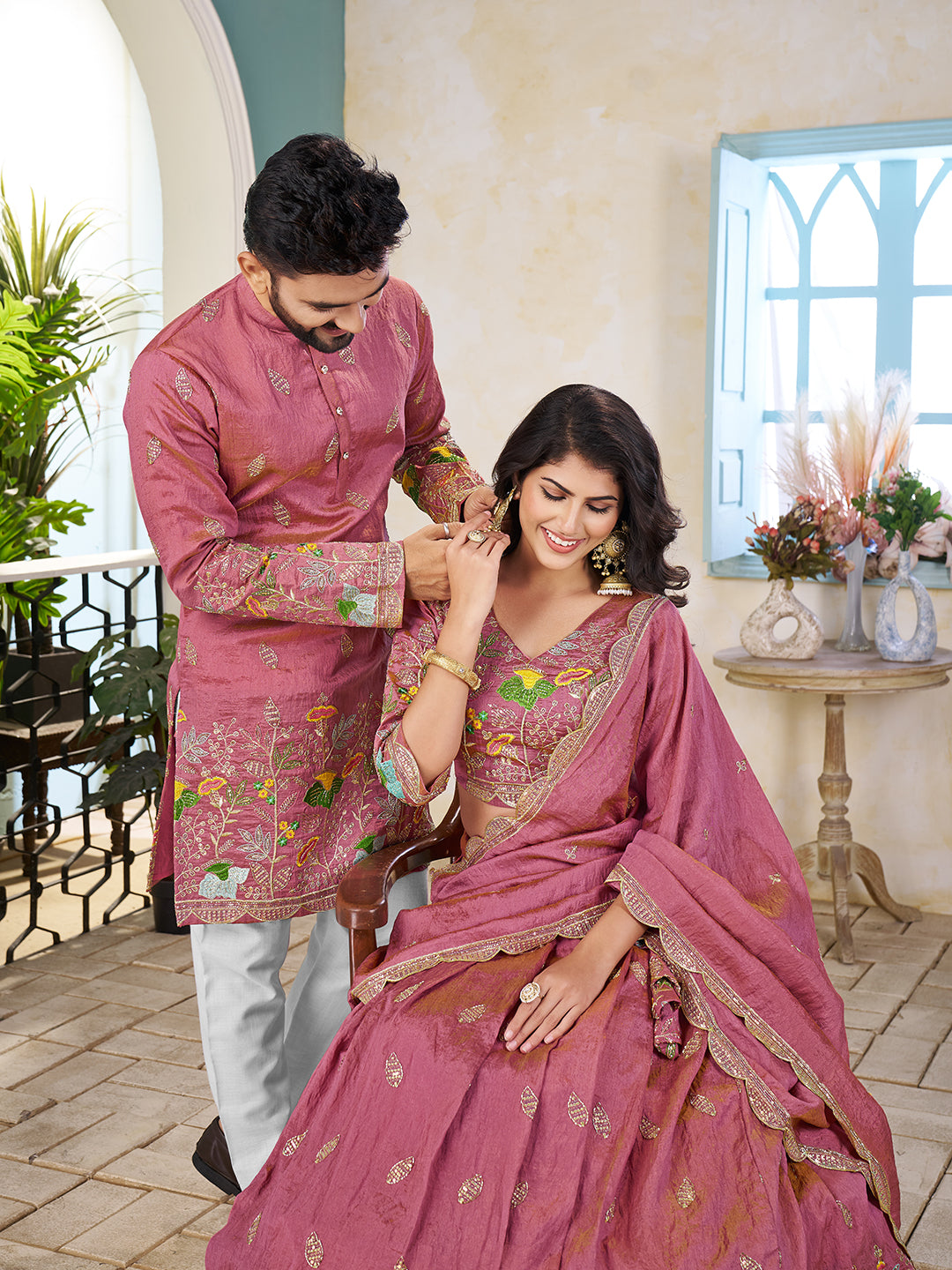Gulbahaar Embroidered Lehenga Choli & Matching Men's Kurta Set Combo