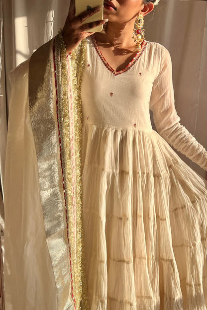 Saanjh Off White Vichitra Silk Heavy Sequins Gown Set