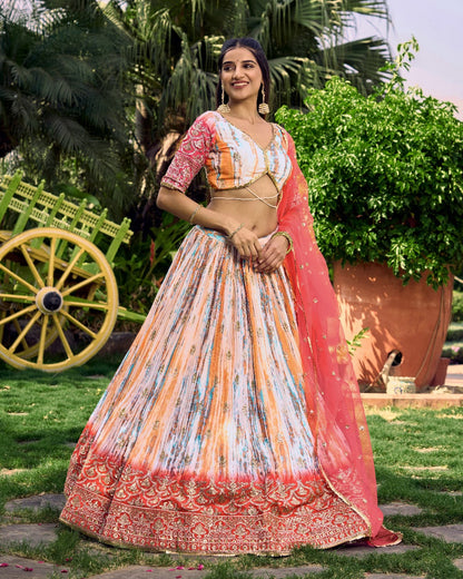 Pink Chinon Fabric Zari Embroidery Work Lehengha Choli