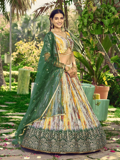 Green Chinon Fabric Zari Embroidery Work  Lehengha Choli