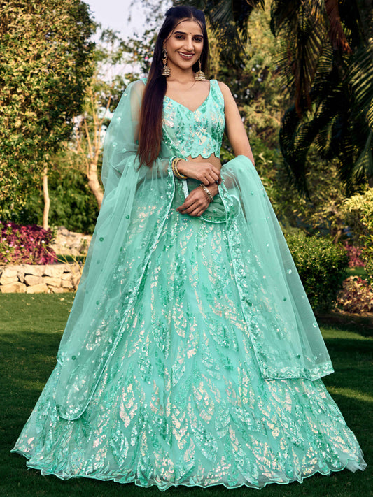 Soft Net Blue Partywear Thread Embroidery Work Lehengha Choli