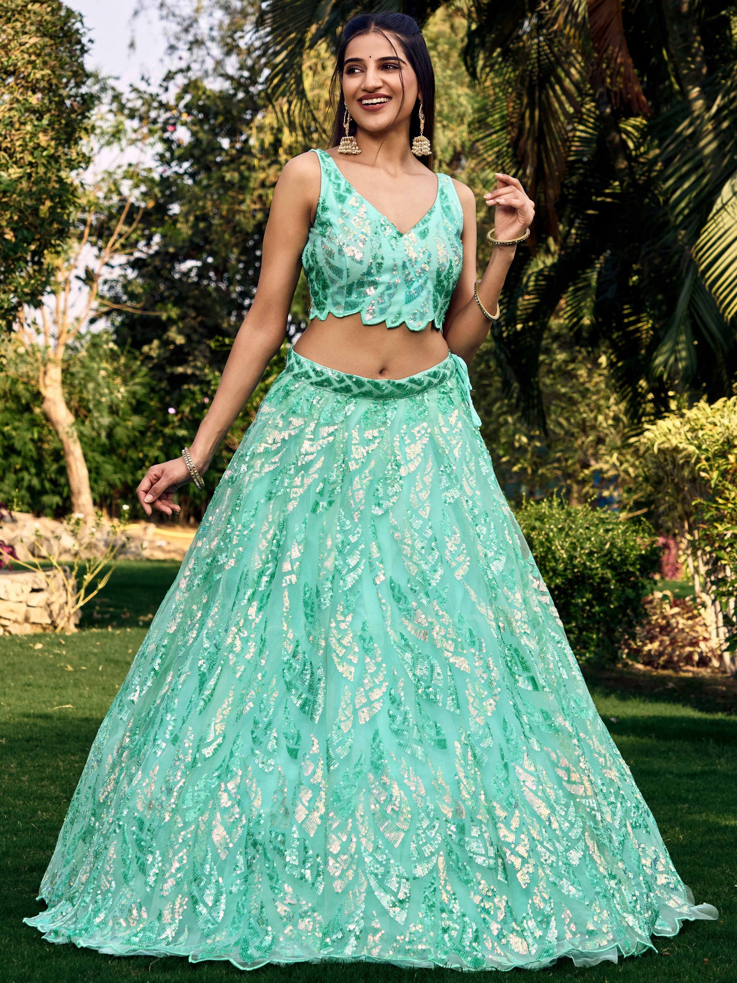 Soft Net Blue Partywear Thread Embroidery Work Lehengha Choli