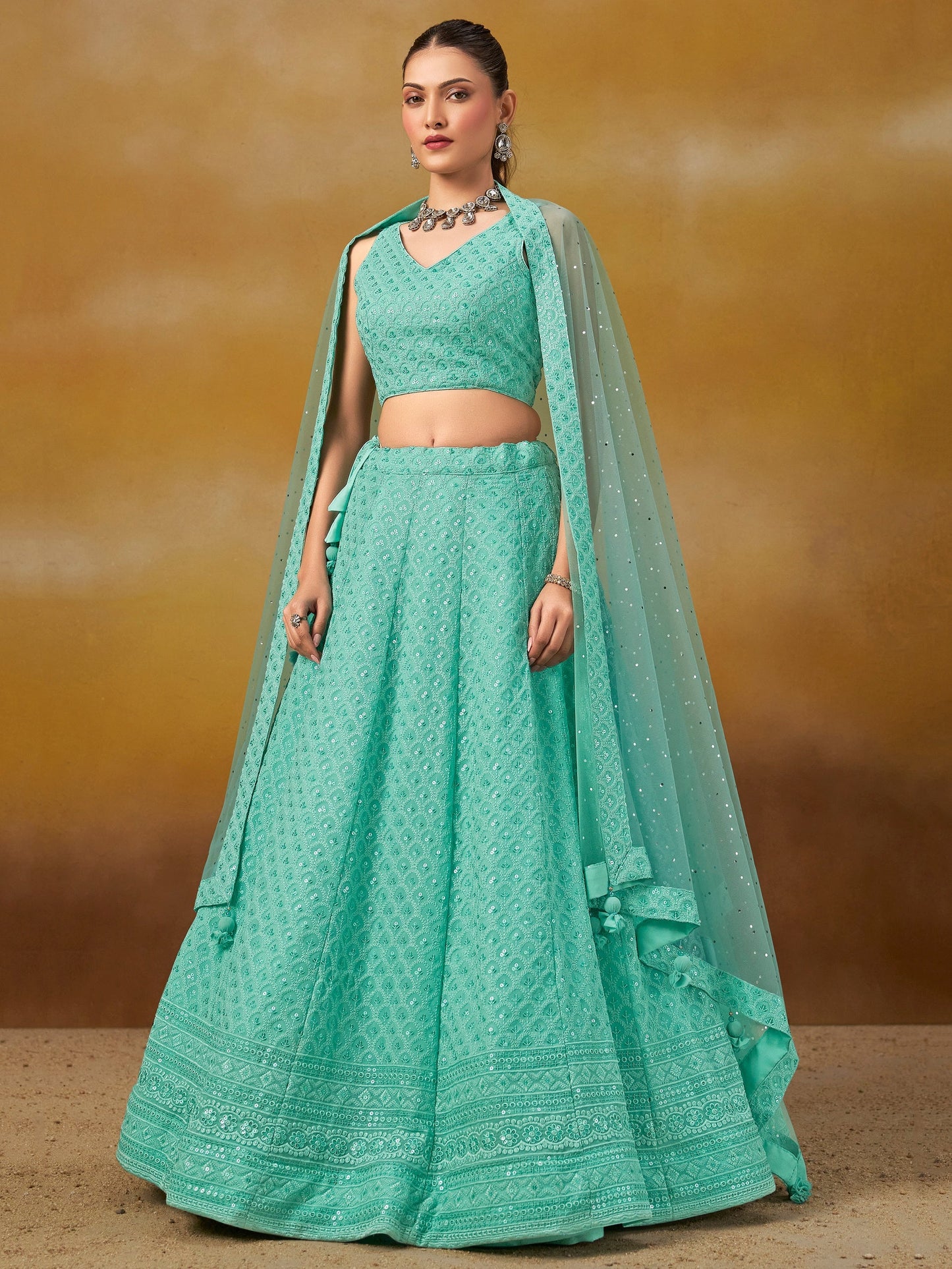 Noor Sky Blue Chikankari Georgette Lehenga Set