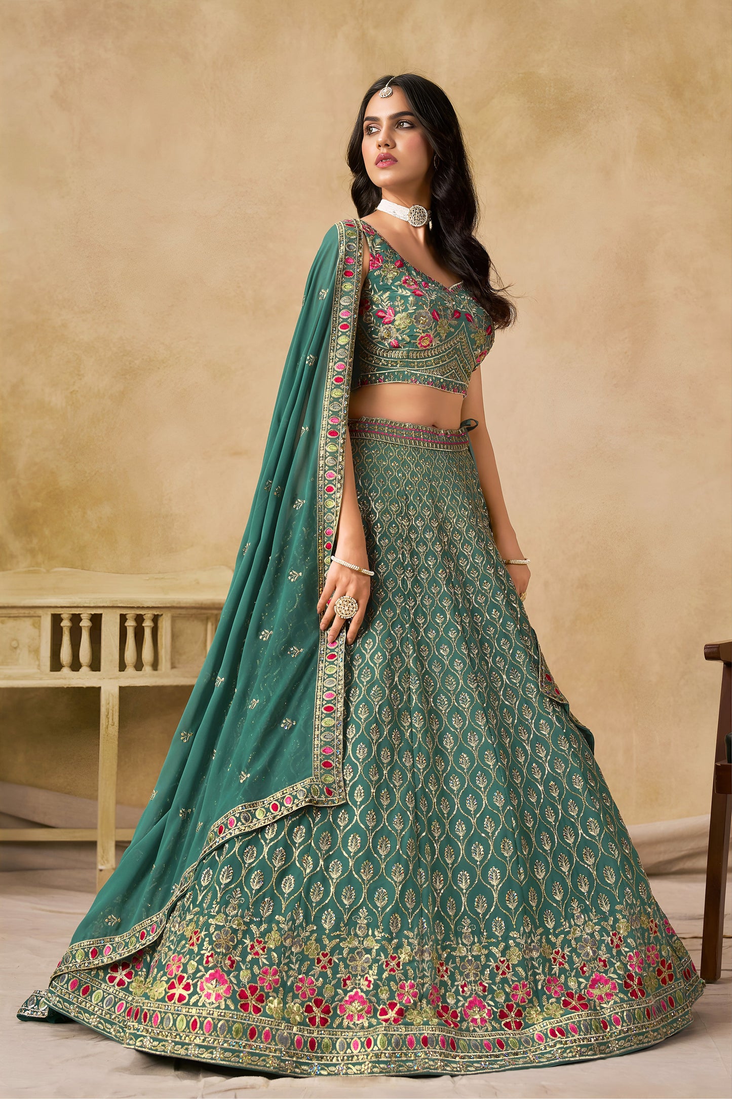 Veyanshi Teal Green Georgette Embroidered Lehenga Choli with Dupatta