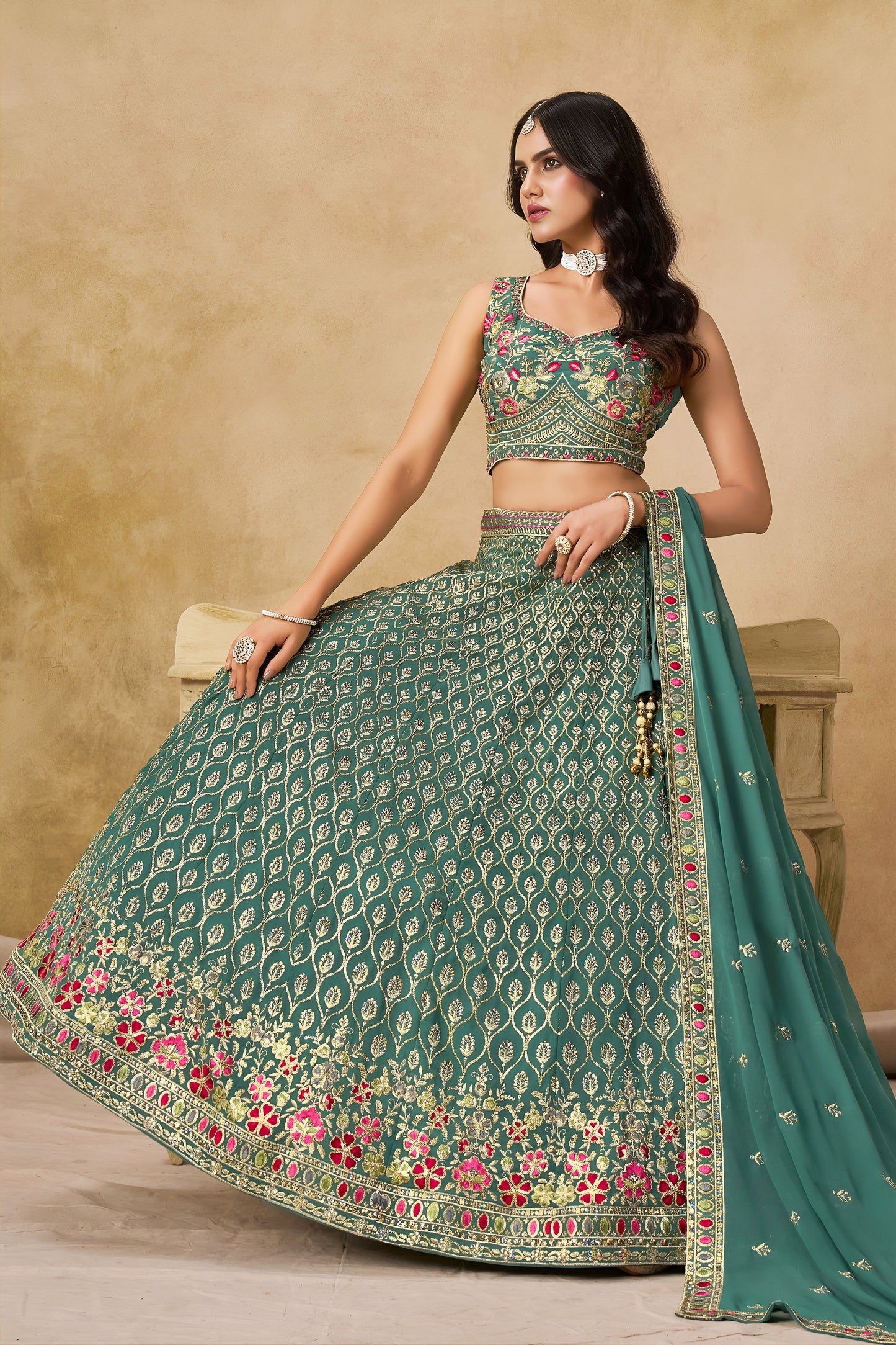 Veyanshi Teal Green Georgette Embroidered Lehenga Choli with Dupatta