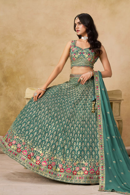 Veyanshi Teal Green Georgette Embroidered Lehenga Choli with Dupatta