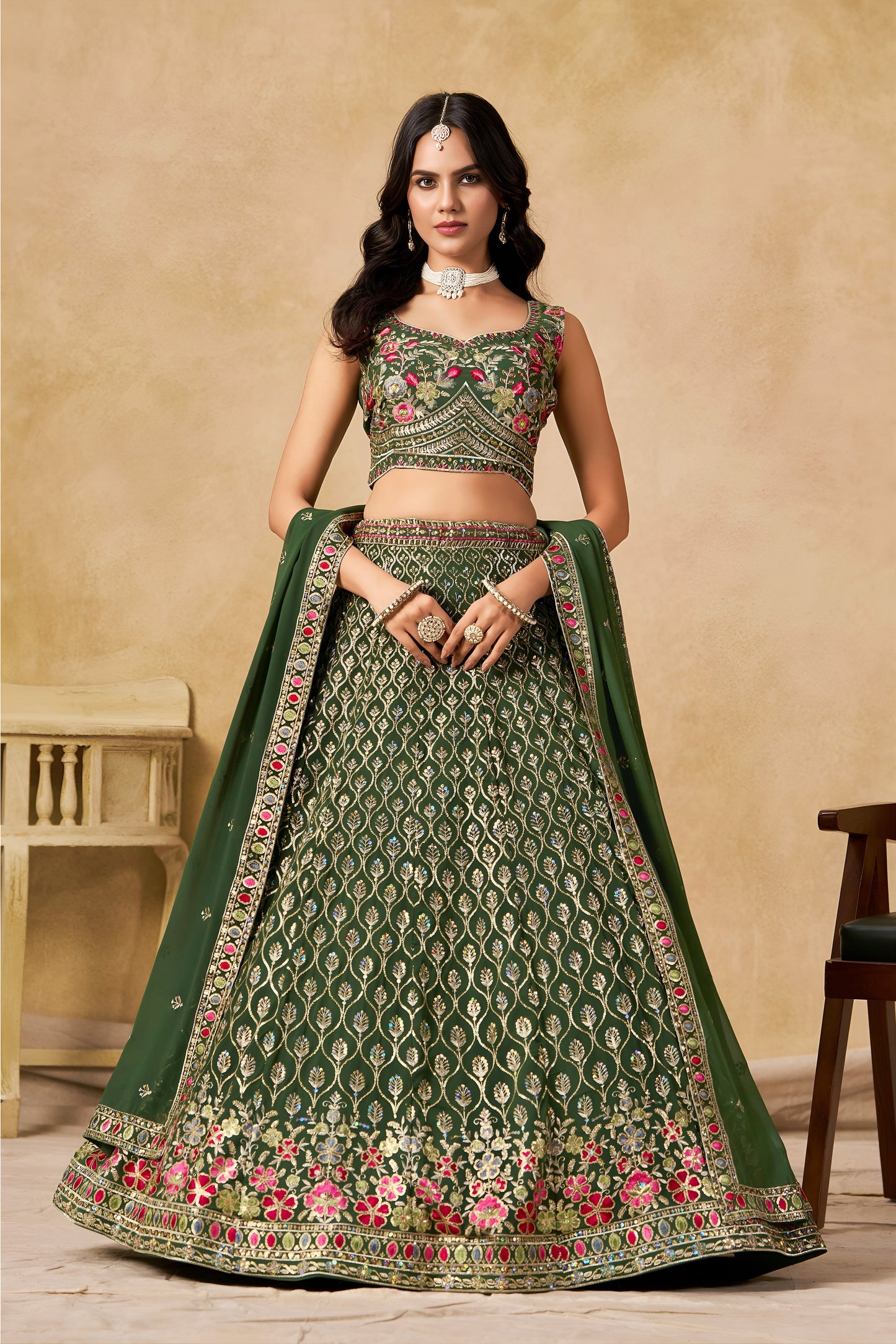 Ishvanya Green Georgette Embroidered Lehenga Choli with Dupatta