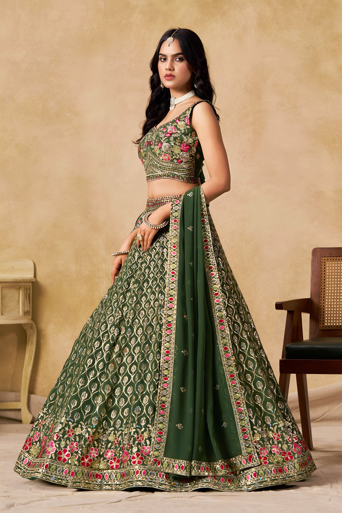 Ishvanya Green Georgette Embroidered Lehenga Choli with Dupatta