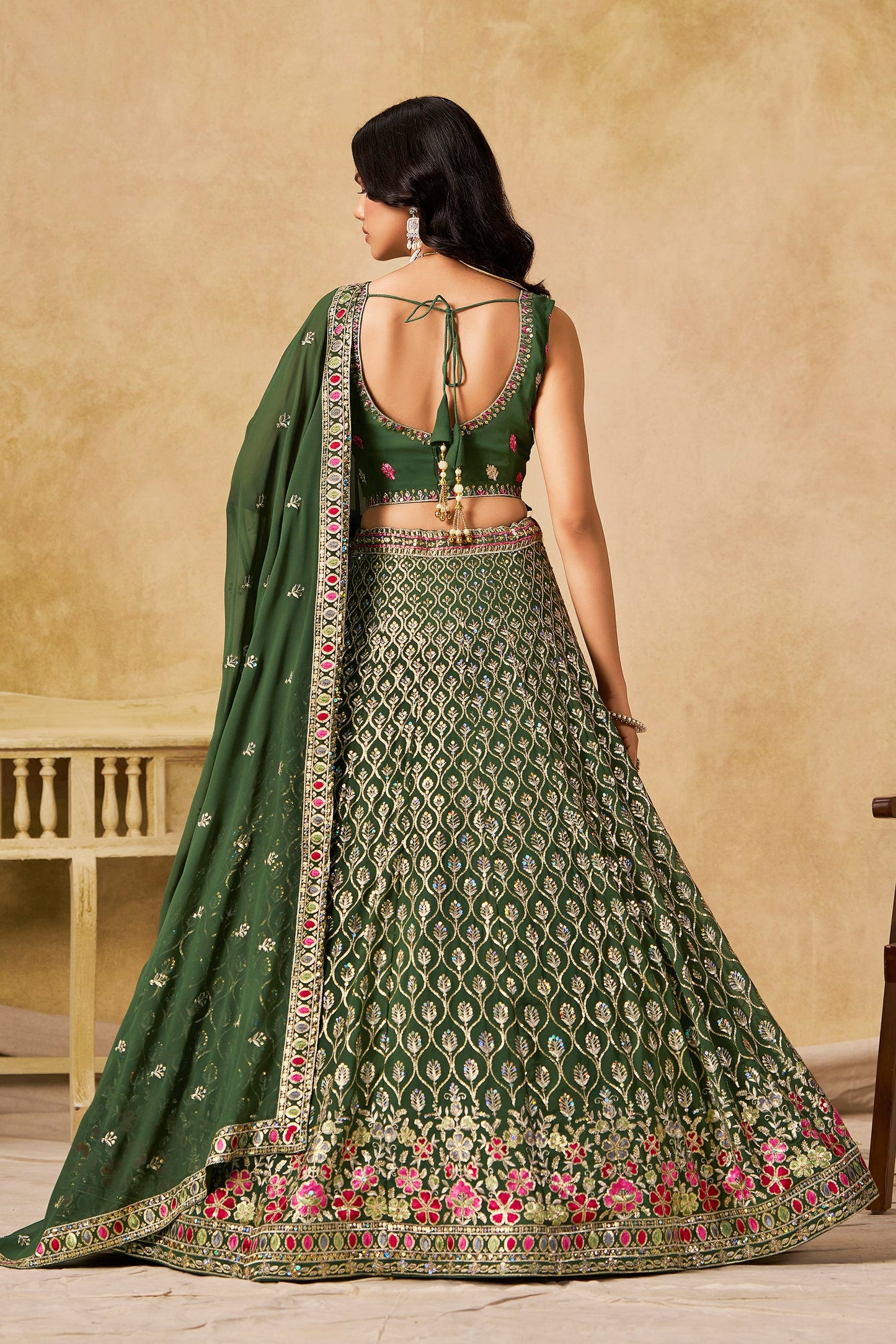 Ishvanya Green Georgette Embroidered Lehenga Choli with Dupatta