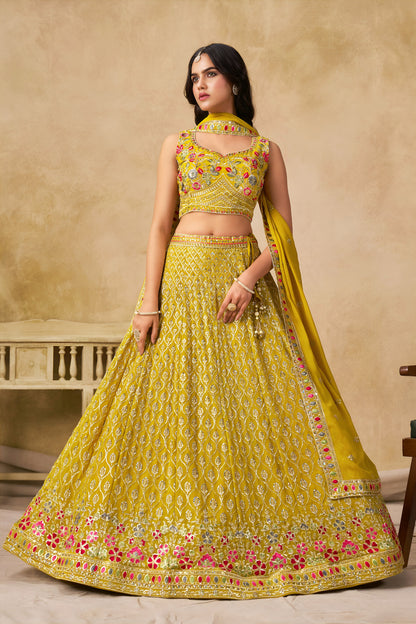 Solara Yellow Georgette Embroidered Lehenga Choli with Dupatta