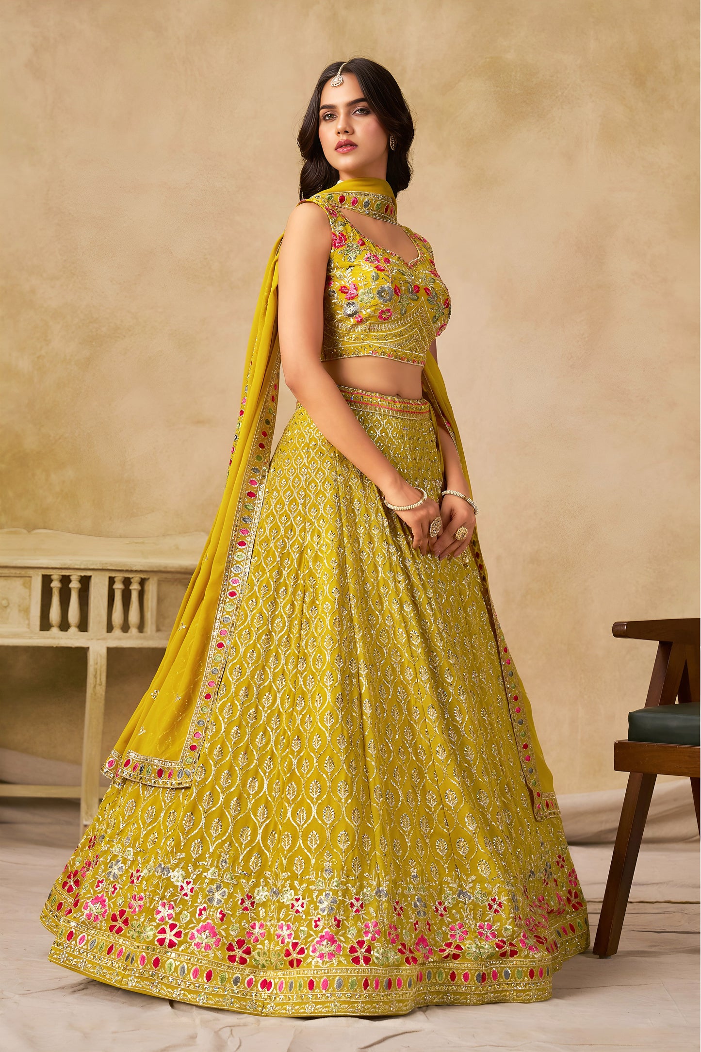 Solara Yellow Georgette Embroidered Lehenga Choli with Dupatta