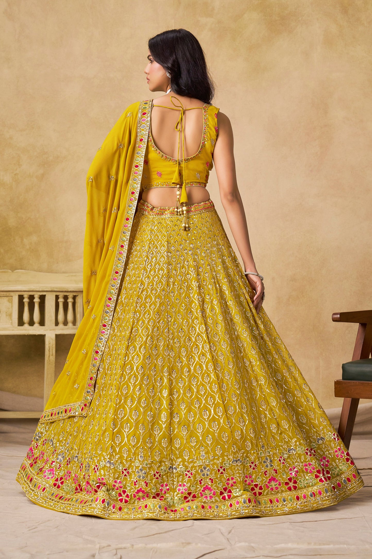 Solara Yellow Georgette Embroidered Lehenga Choli with Dupatta
