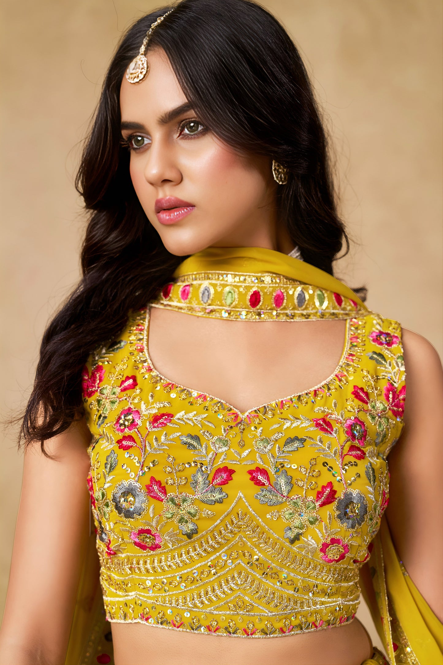Solara Yellow Georgette Embroidered Lehenga Choli with Dupatta