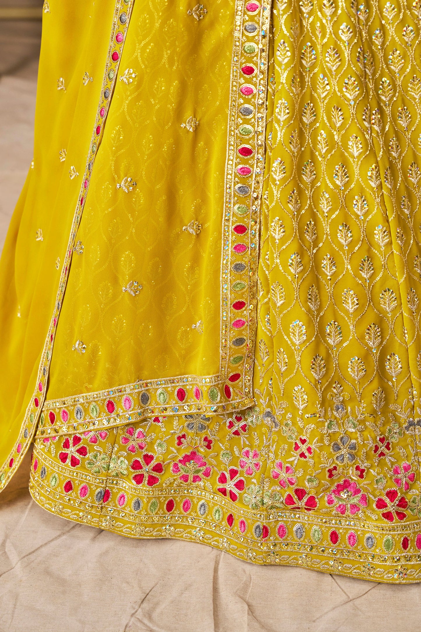 Solara Yellow Georgette Embroidered Lehenga Choli with Dupatta