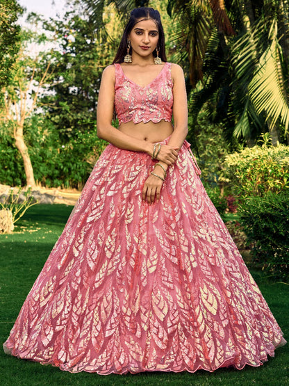 Pink Soft Net Partywear Thread Embroidery Work Lehengha Choli