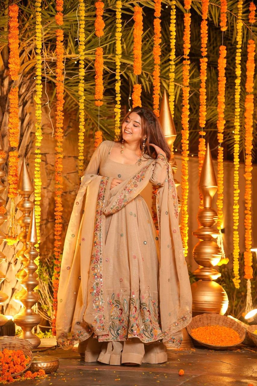 Mishti Soft Crunchy Silk Multi-Sequins Embroidery Gown with Sharara Set