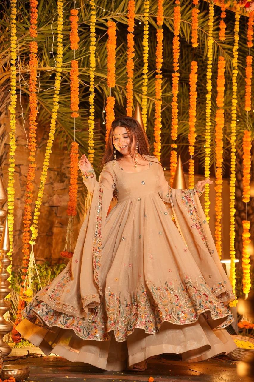 Mishti Soft Crunchy Silk Multi-Sequins Embroidery Gown with Sharara Set