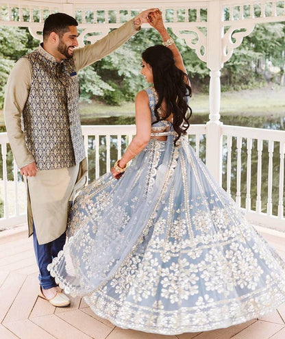 Afsana Sky Blue Net Foil Zari Bridal Lehenga Choli