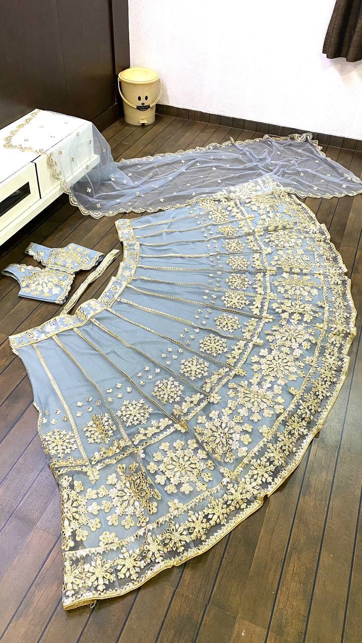 Afsana Sky Blue Net Foil Zari Bridal Lehenga Choli