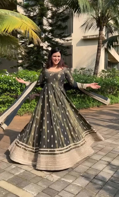 Ishani Designer Chinon Silk Thread-Sequins Embroidery Anarkali Suit Set