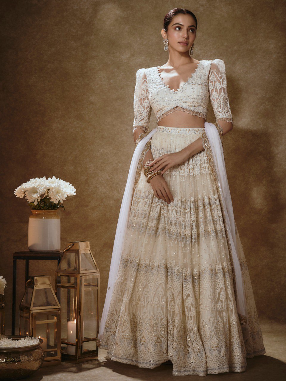 Noor Off-White Satin Silk & Net Bridal Lehenga Choli