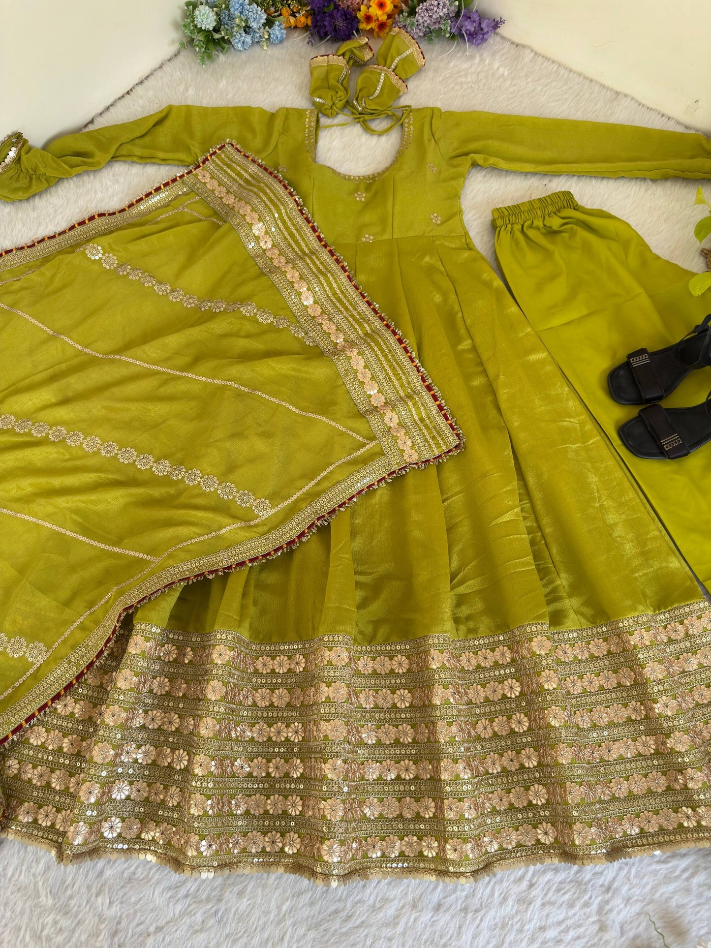 Zarisha Luxe Embroidered Chinon Anarkali Set ( 6 Colours )