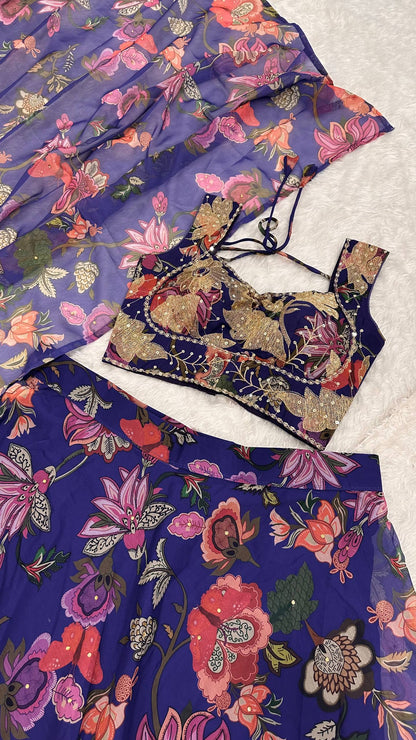 Virella Purple Floral Tabby Silk Lehenga Set