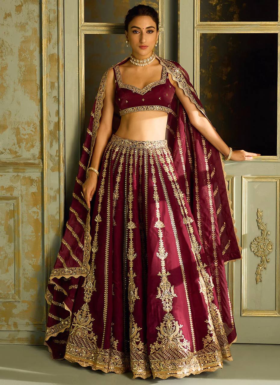 Mahira Maroon Kasturi Silk Zari & Sequins Bridal Lehenga Choli