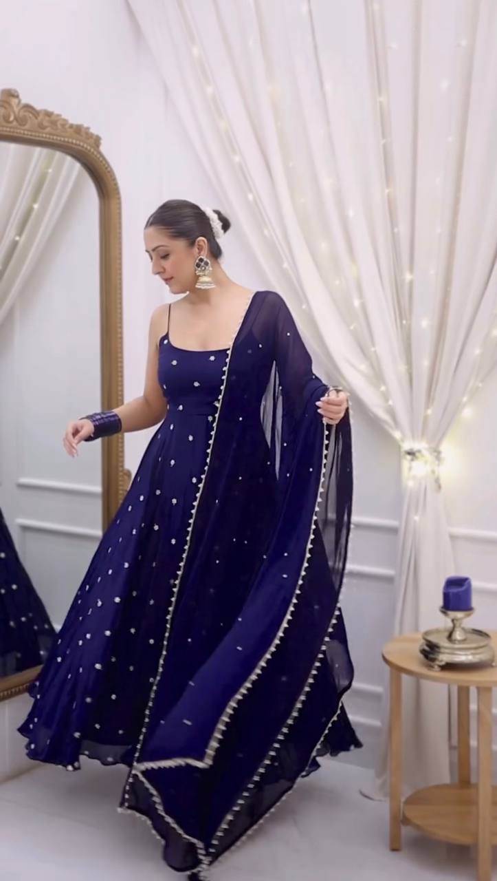 Serenique Navy Fendy Silk Flared Suit Set