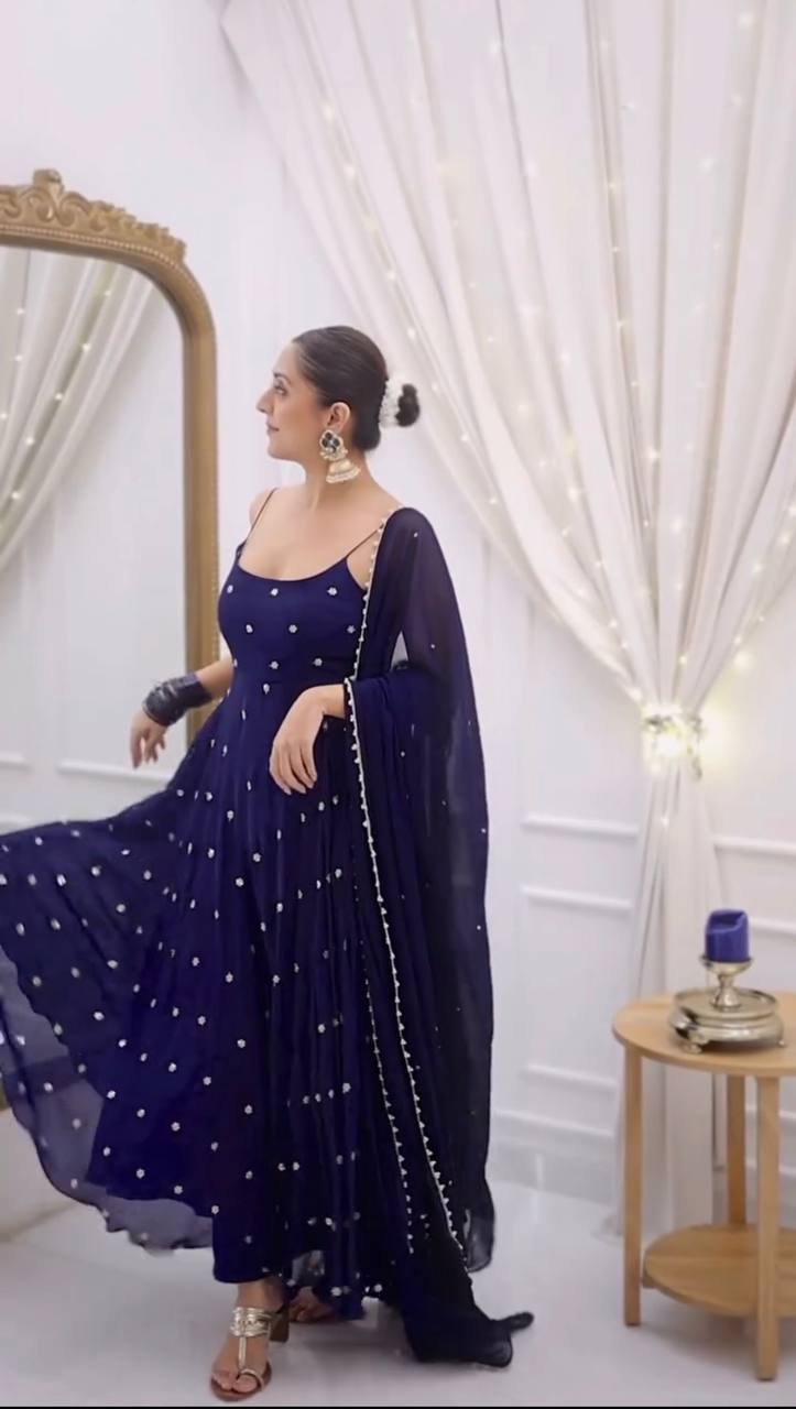 Serenique Navy Fendy Silk Flared Suit Set
