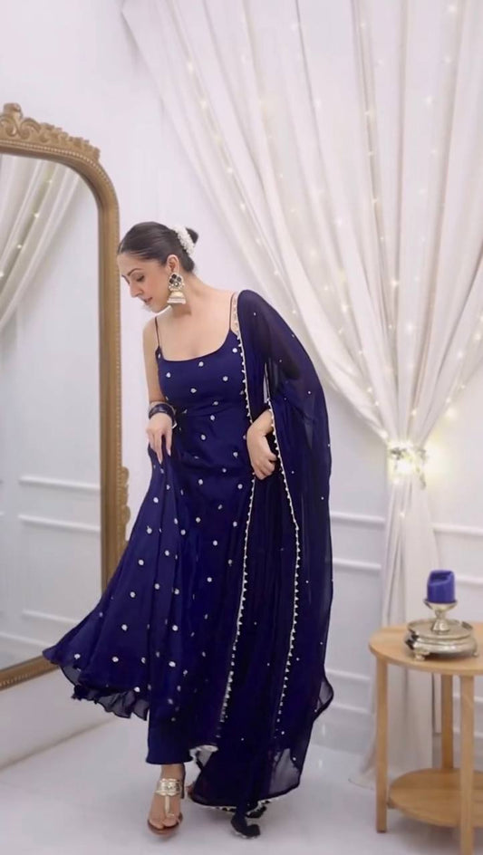 Serenique Navy Fendy Silk Flared Suit Set