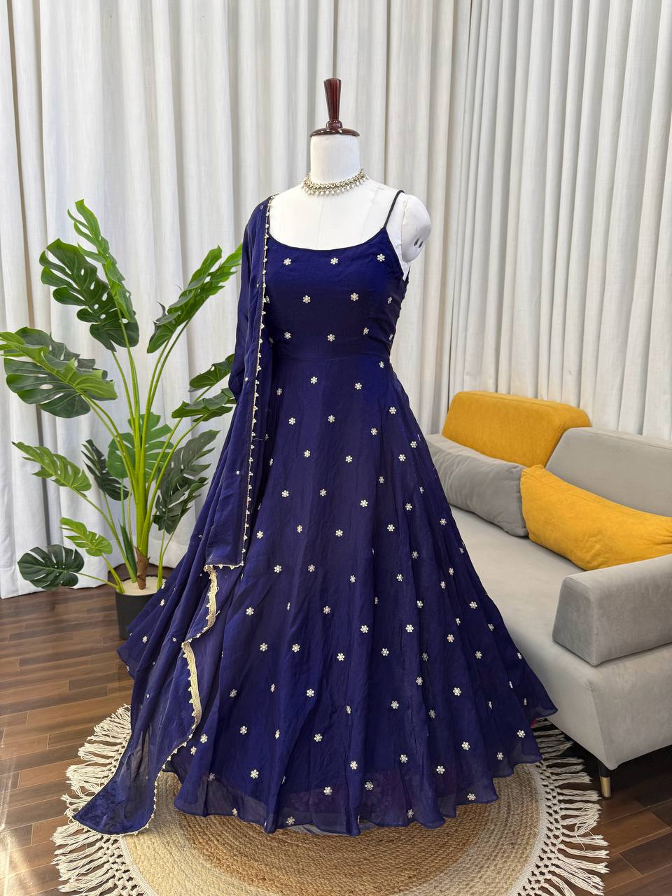 Serenique Navy Fendy Silk Flared Suit Set