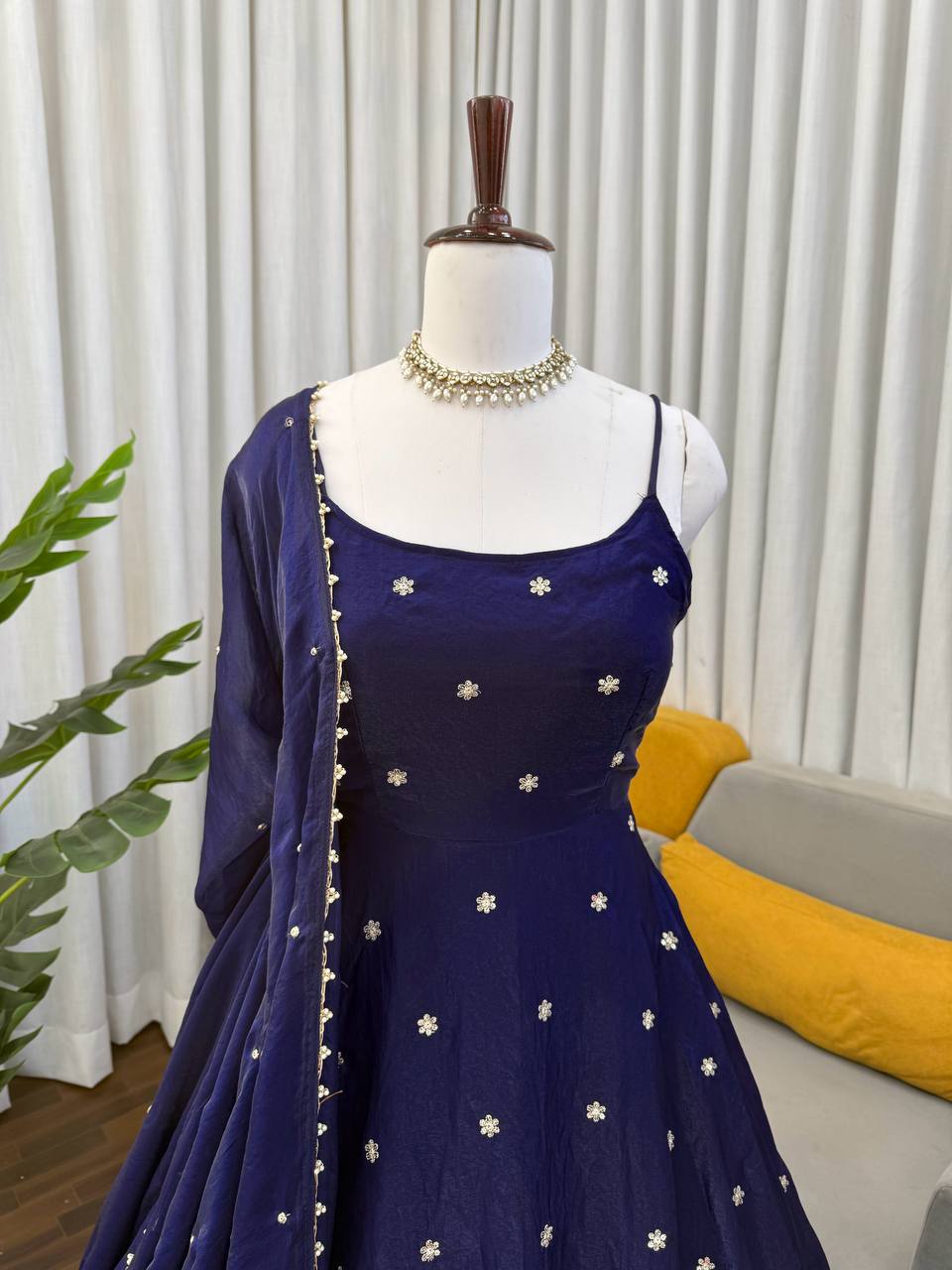 Serenique Navy Fendy Silk Flared Suit Set