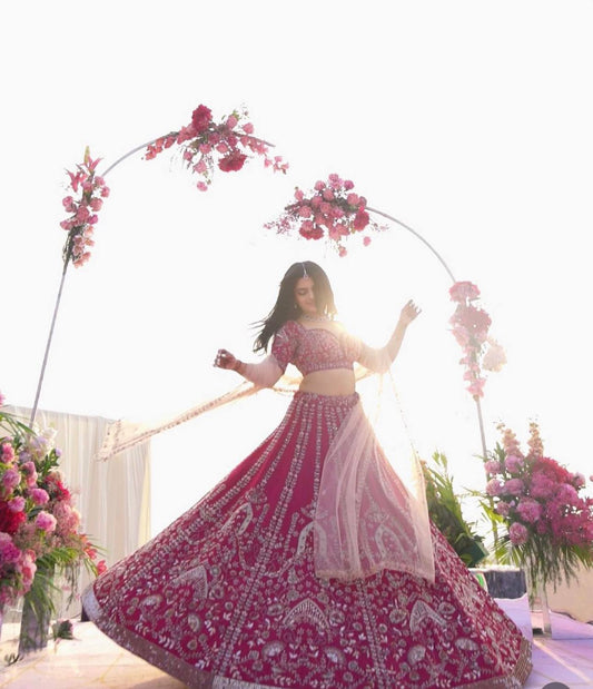 Mehrisha Dark Pink Slub Silk Dori Sequins Bridal Lehenga Choli