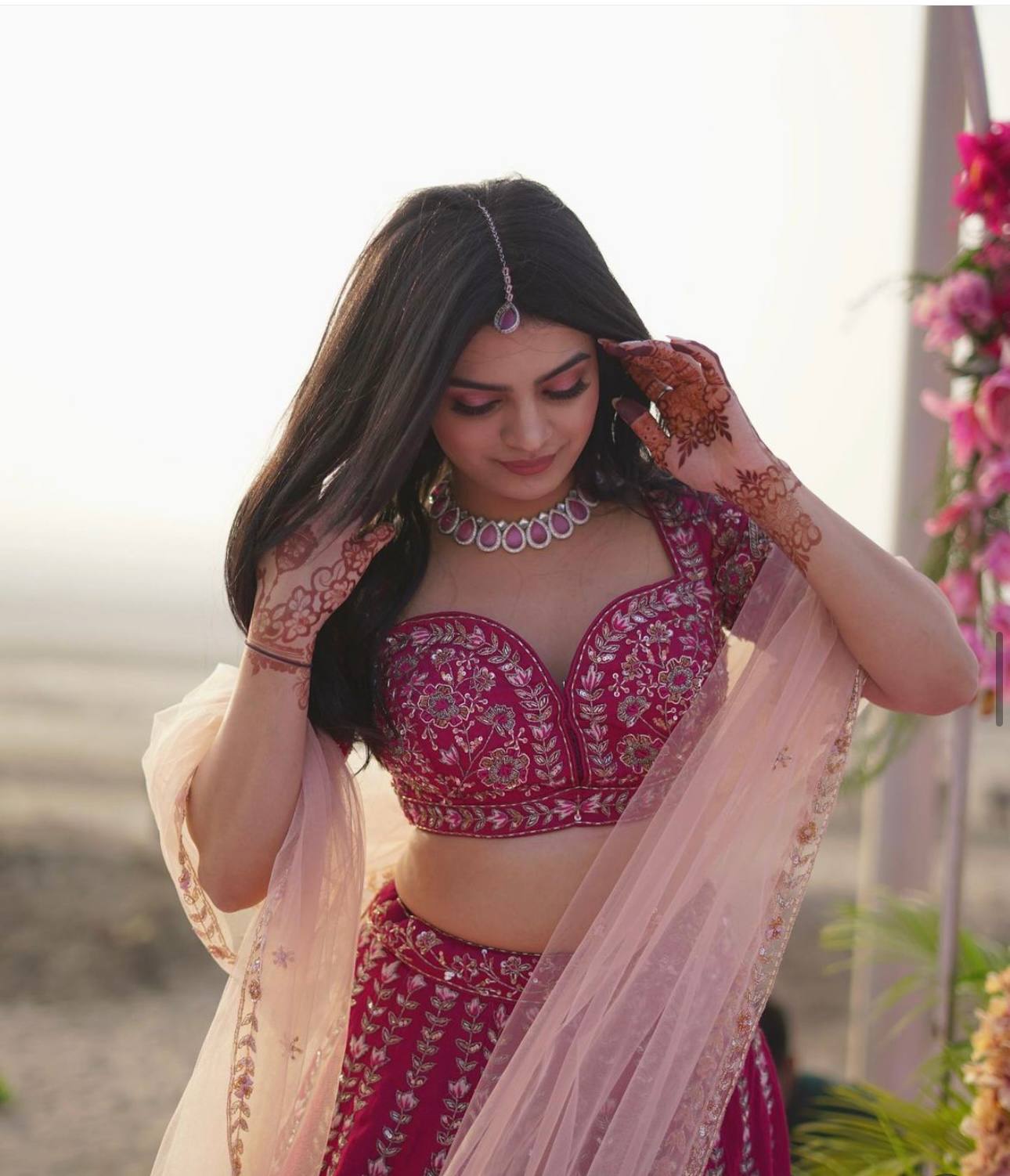 Mehrisha Dark Pink Slub Silk Dori Sequins Bridal Lehenga Choli