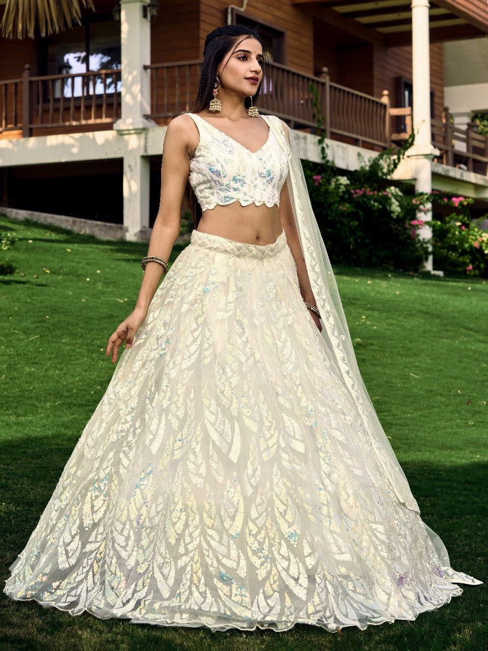 White Soft Net Partywear Thread Embroidery Work Lehengha Choli
