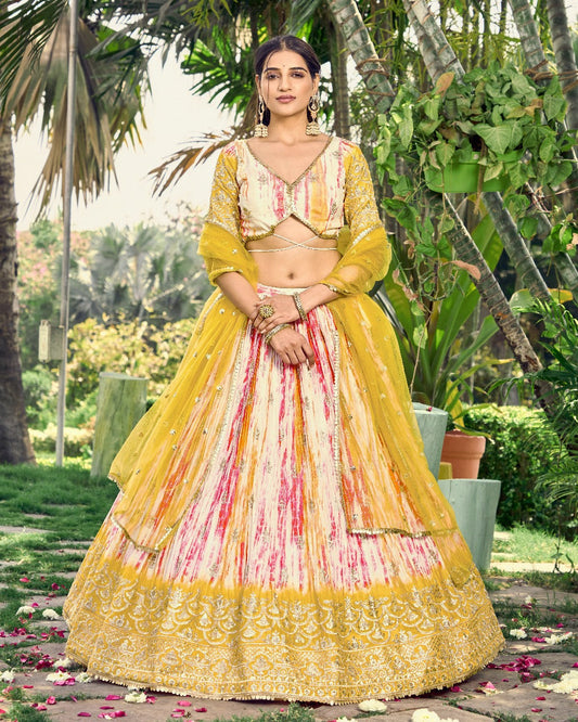 Yellow Chinon Fabric Zari Embroidery Work Lehengha Choli