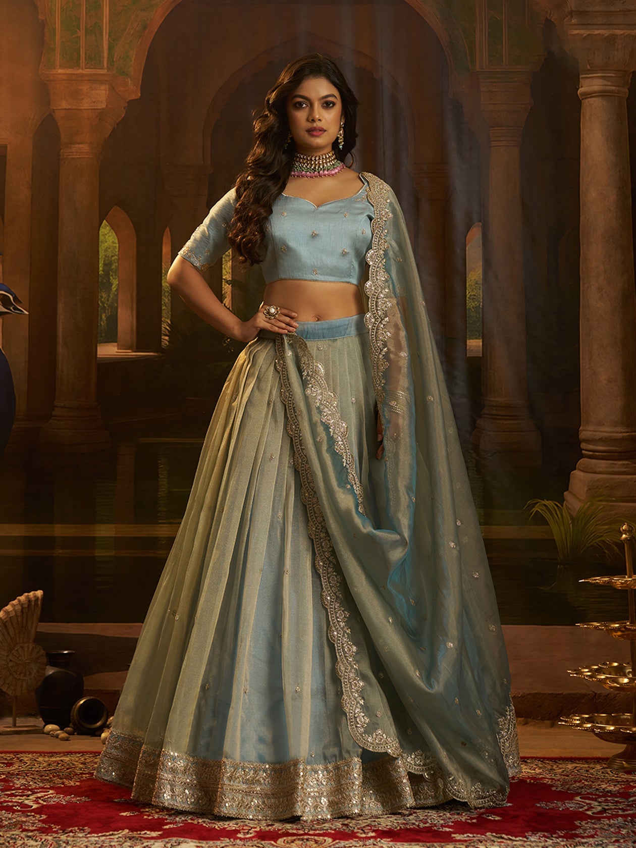Kiyara Turquoise Art Silk Organza Lehenga Set