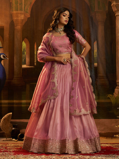 Nerisa Pink Art Silk Organza Lehenga Set