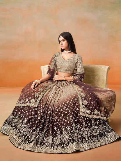 Ritika Brown Georgette Embroidered Lehenga Set