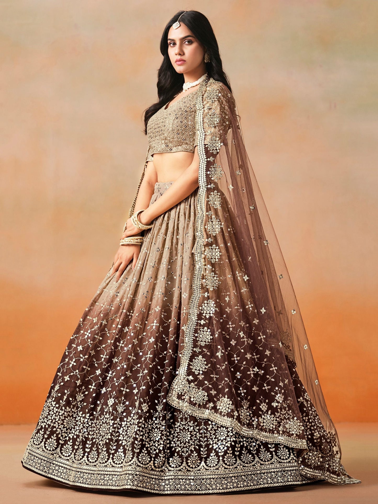 Ritika Brown Georgette Embroidered Lehenga Set