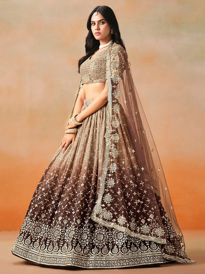 Ritika Brown Georgette Embroidered Lehenga Set
