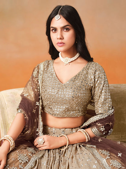 Ritika Brown Georgette Embroidered Lehenga Set