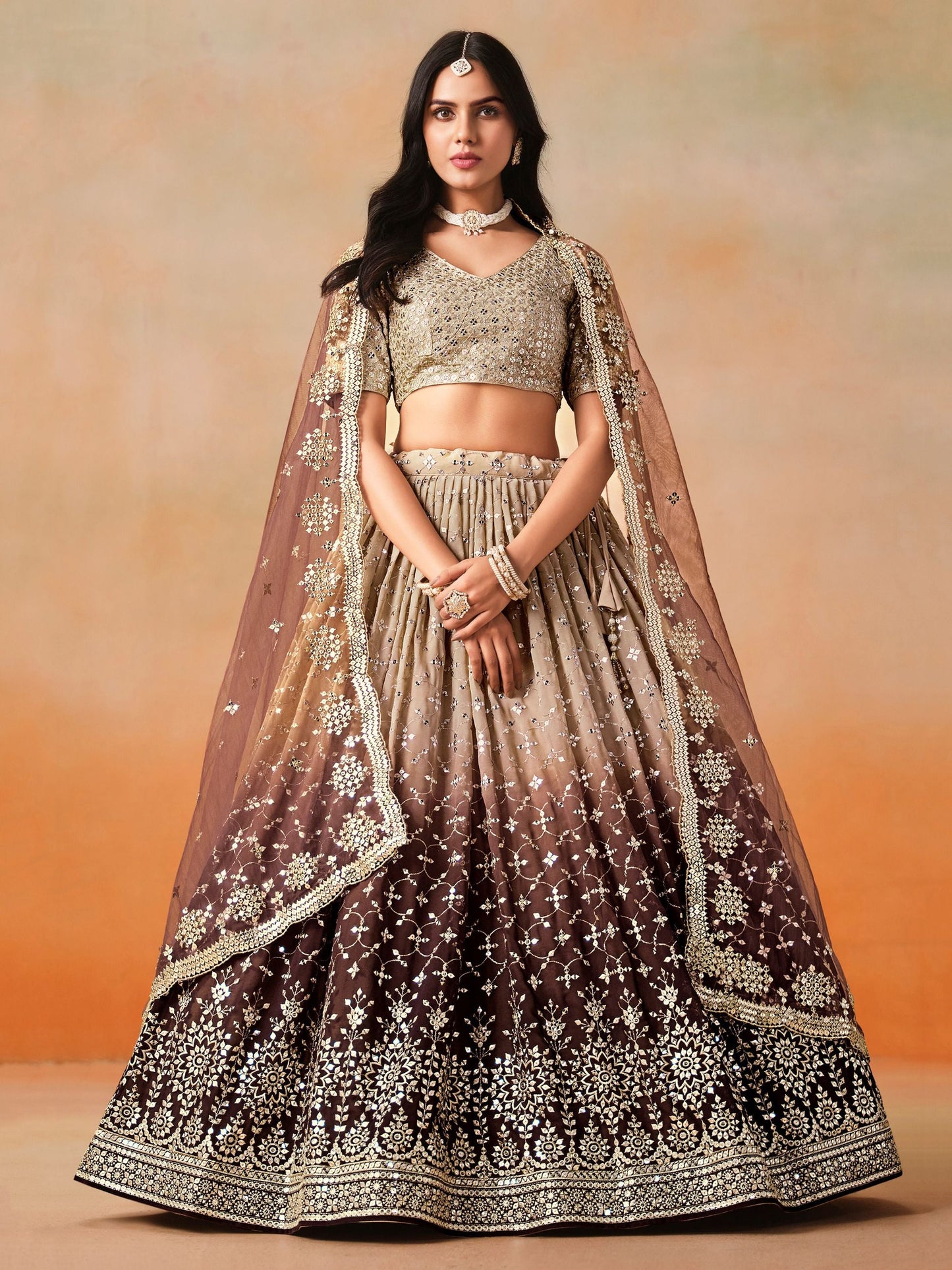 Ritika Brown Georgette Embroidered Lehenga Set