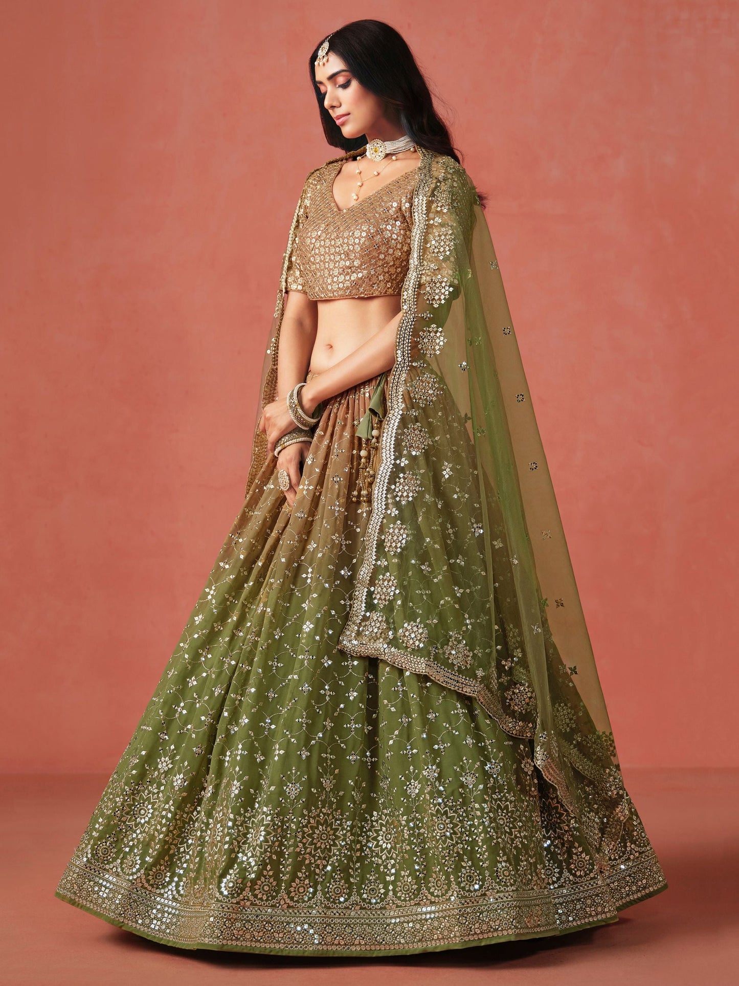 Vritika Mehndi Green Georgette Lehenga Set