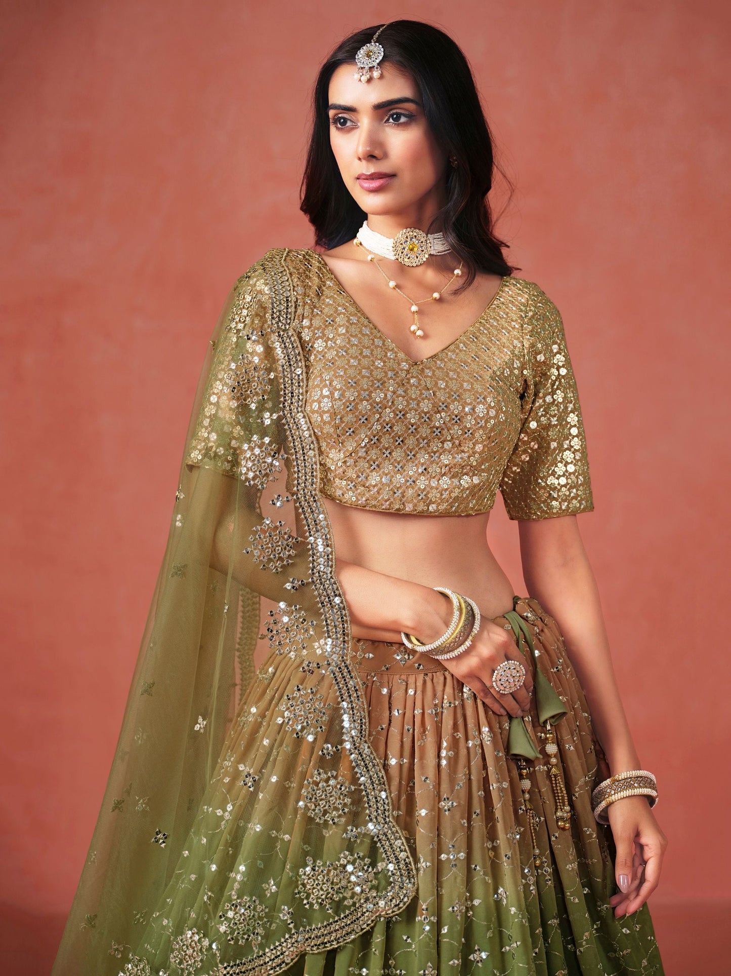 Vritika Mehndi Green Georgette Lehenga Set
